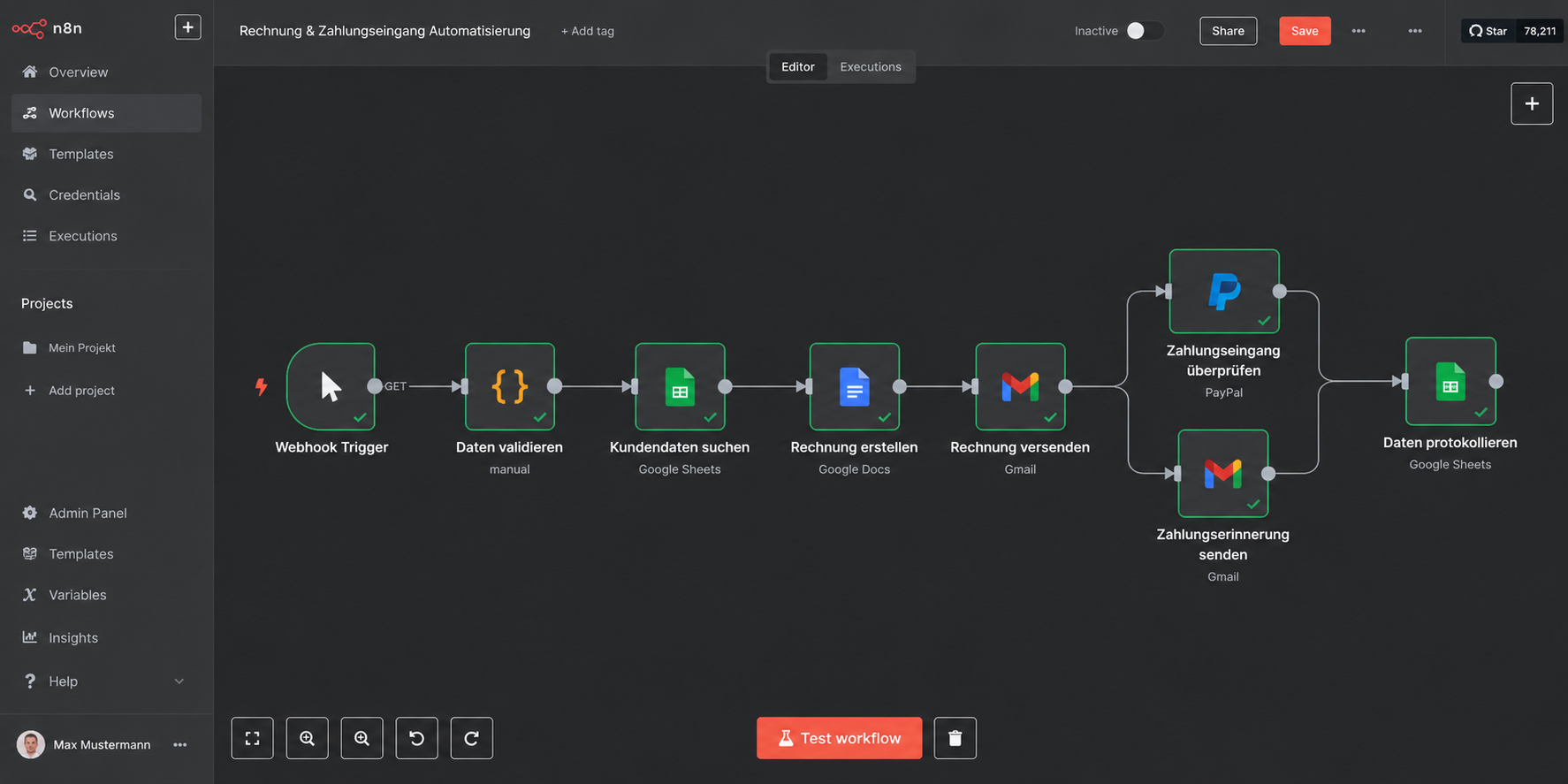 Automation Core n8n Workflow mit Rechnung, Kundendaten, PayPal und Gmail Automatisierung