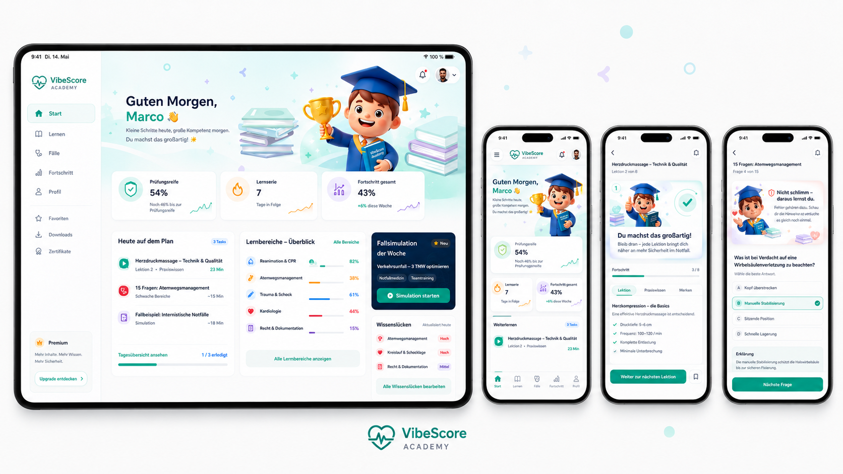 VibeScore Lernplattform Collage mit Lernpfaden, Kursen, medizinischen Lerninhalten und Dozenten-Portal