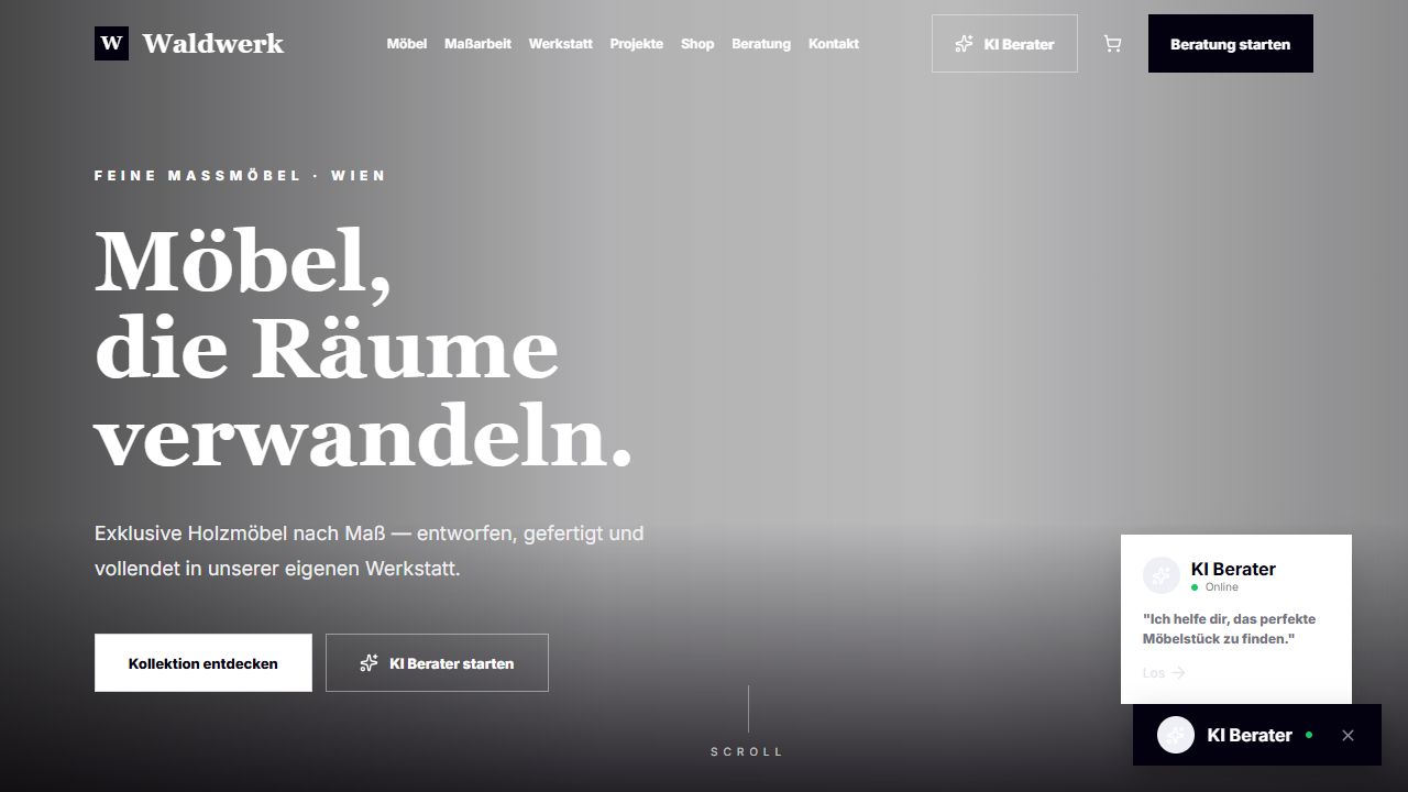 Waldwerk Demo Webseite Screenshot mit Möbel-Manufaktur Hero